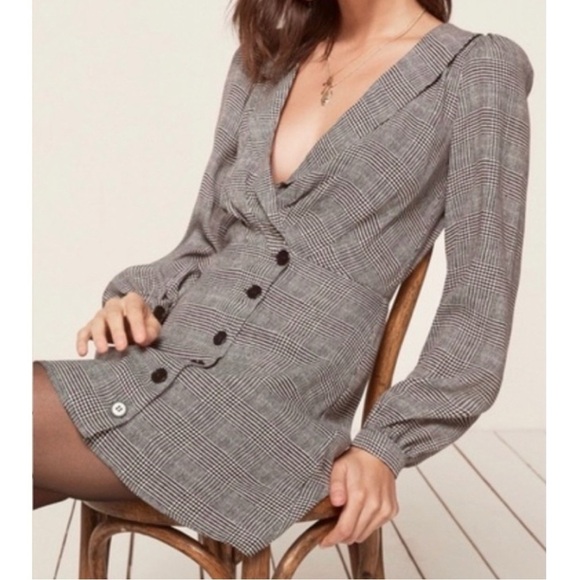Reformation Woodbury Houndstooth Mini Dress in Heather Gray - Picture 1 of 13
